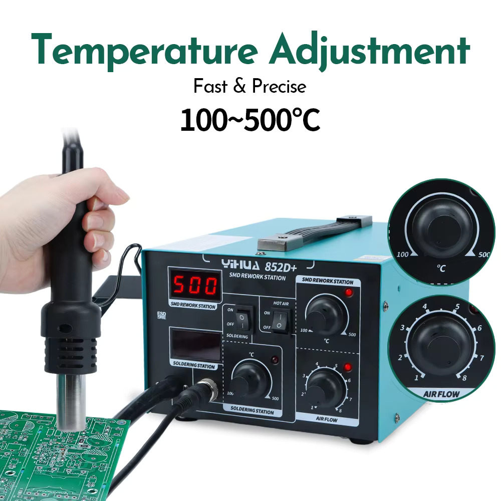 YIHUA 852D+ Rewark  Station  2in1 Soldering Hot Air Station, Powerful Air, 60W Soldering Iron
