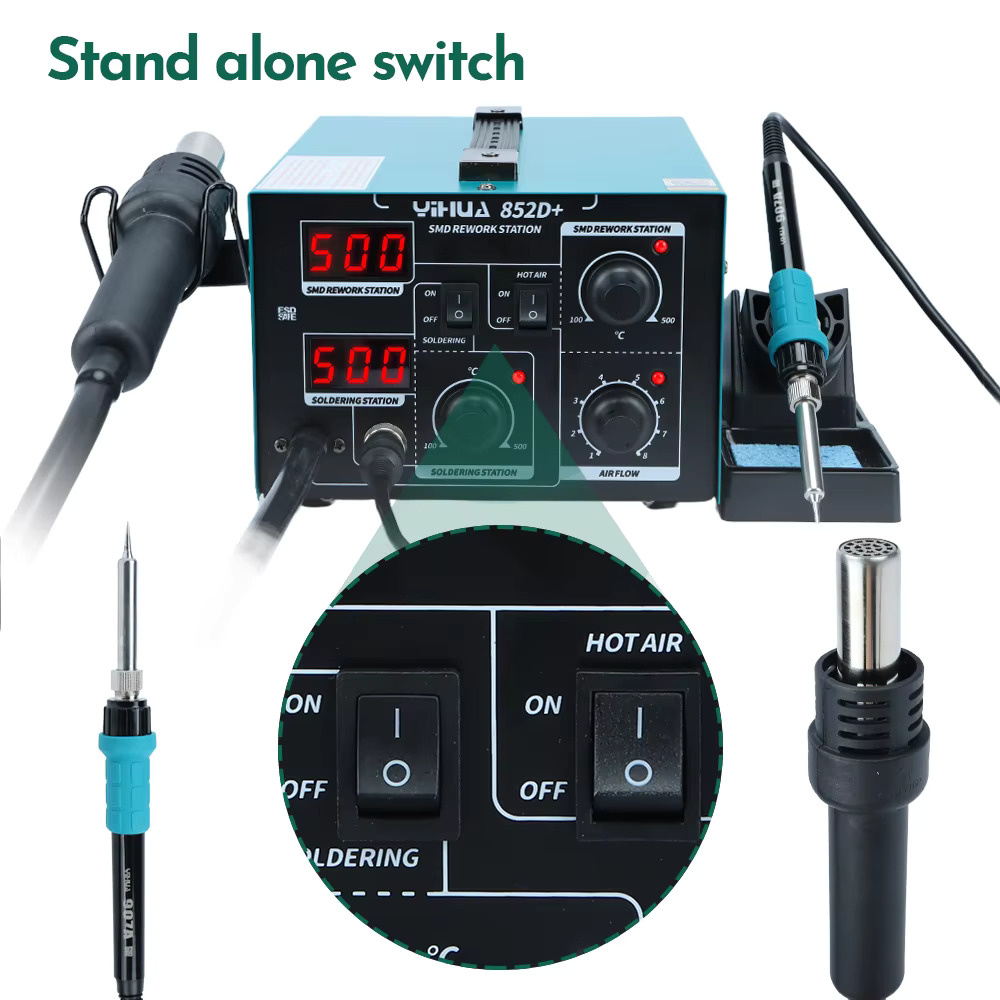 YIHUA 852D+ Rewark  Station  2in1 Soldering Hot Air Station, Powerful Air, 60W Soldering Iron