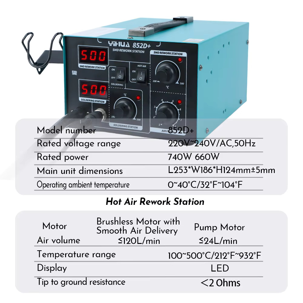YIHUA 852D+ Rewark  Station  2in1 Soldering Hot Air Station, Powerful Air, 60W Soldering Iron