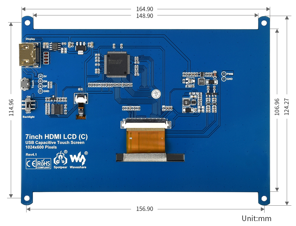 7inch Waveshare Capacitive Touch Screen LCD (C), 1024×600, HDMI, IPS, Low Power 