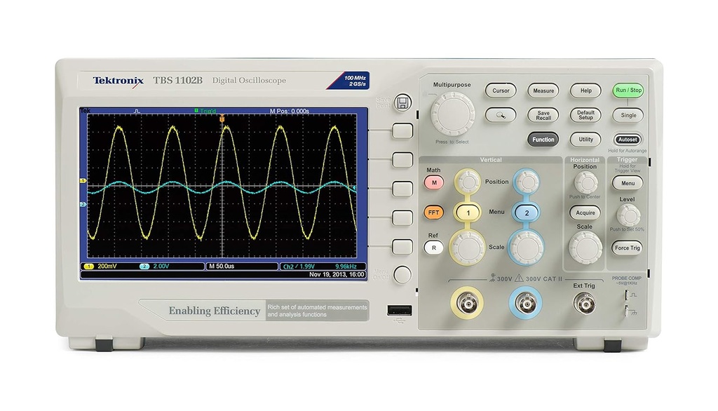 Tektronix TBS1102B Digital Storage Oscilloscope, 100 MHz bandwidth, 2GS/s sample rate, 2 channel, 2.5K record length