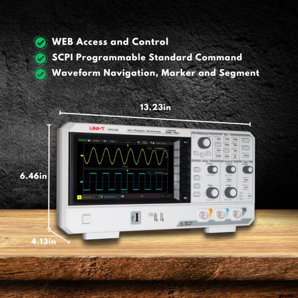UNI-T 200MHz 2Ch DSO Ultra Phosphor Digital Oscilloscope 1 GSa/s Memory Depth 56 Mpts 500,000 wfm/s 7in Display 1Mpts FFT Sampling Points