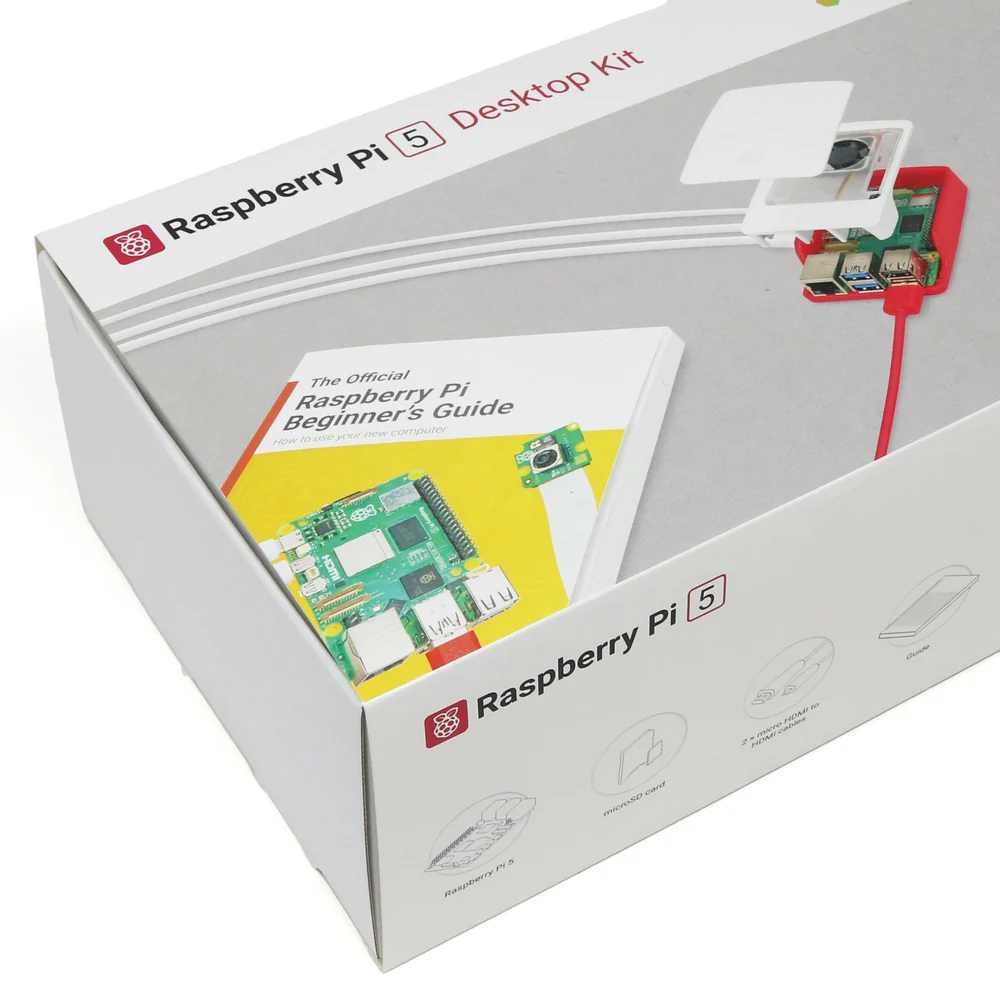 Raspberry Pi 5 4 GB Desktop Kit components & packaging, UK