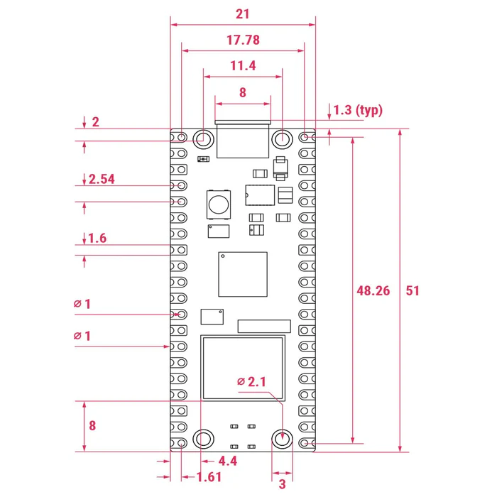 Raspberry Pi PICO 2W Board, w/Header, RP2350, 32-bit ARM Cortex-M33 / RISC-V, 520KB, 150MHz, Wifi