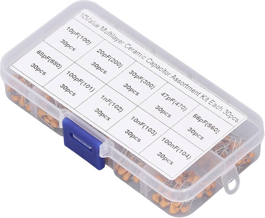 300PCS Multilayer Ceramic Capacitor Kit （Plastic Box）（ 10PF/20PF/30PF/47PF/56PF/ 68PF/100PF/1NF/10NF/100N F*30pcs）