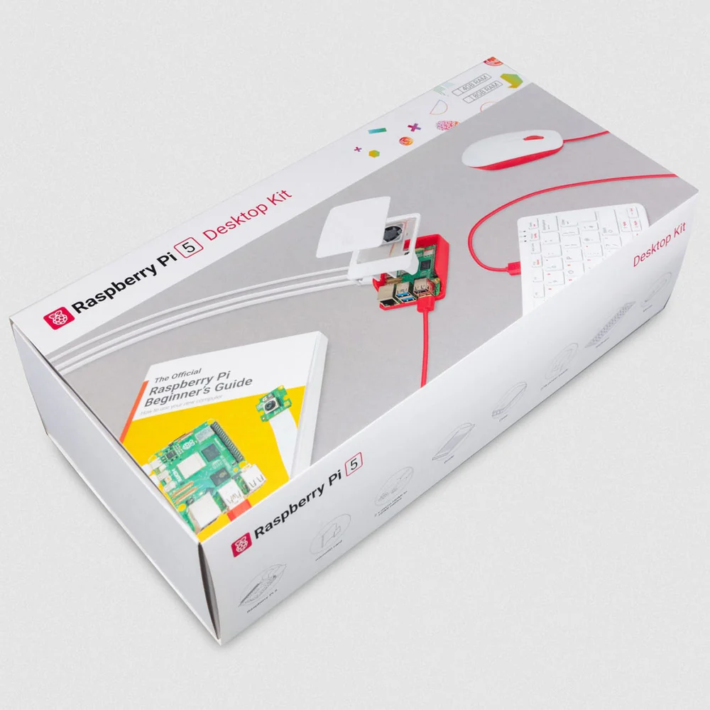 Raspberry Pi 5 4GB Desktop Kit components & packaging, UK