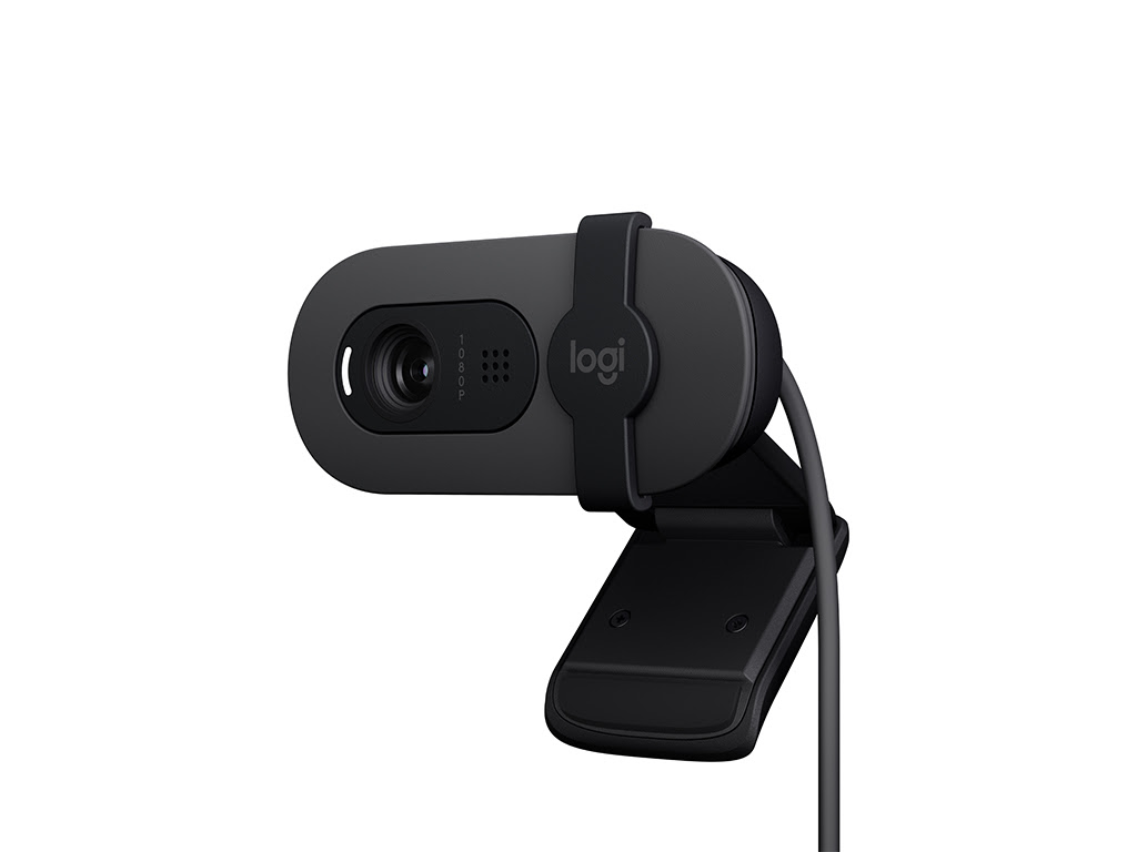 Full HD 1080p webcam with auto-light balance, integrated privacy shutter, and built-in mic