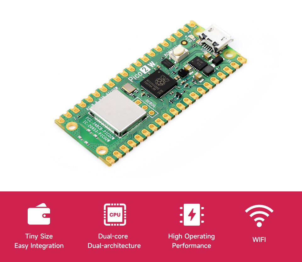 Raspberry Pi Pico 2 W Microcontroller Board, Based on Official RP2350 Chip, Dual-core & Dual-architecture Design, Supports WIFI and Bluetooth