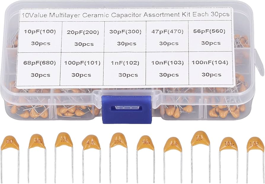 300PCS Multilayer Ceramic Capacitor Kit (Plastic Box) (10PF/20PF/30PF/47PF/56PF/68PF/100PF/1NF/10NF/100NF * 30 pcs)