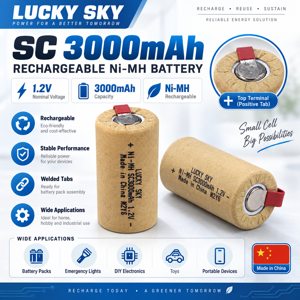 LUCKY SKY SC 3000mAh 1.2V Rechargeable Ni-MH Battery with Tabs