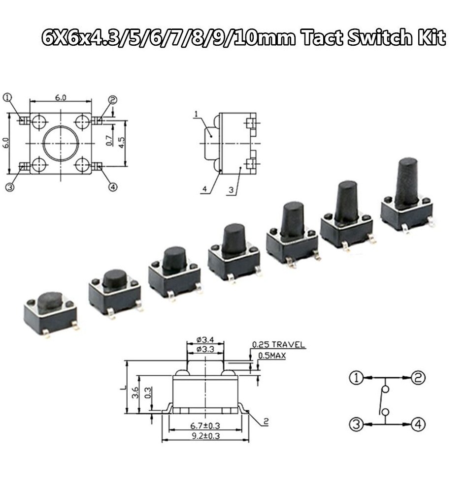 7 Values 70pcs 6X6x4.3/5/6/7/8/9/10mm Tact Switch Tactile Push Button Switch Kit Sets