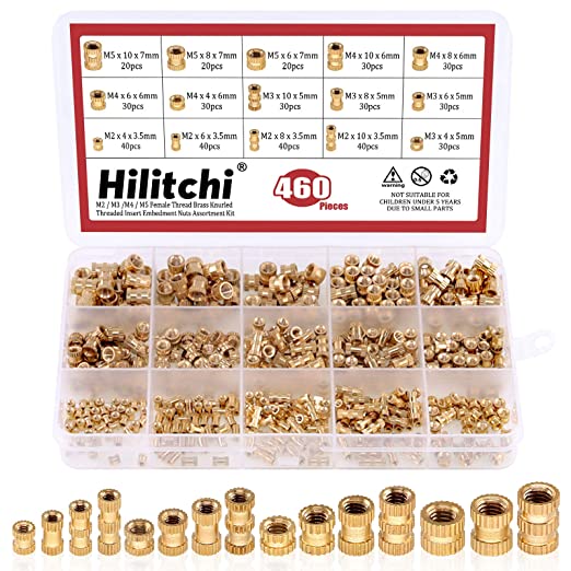 Hilitchi 460 Pcs M2 M3 M4 M5 Female Thread Brass Knurled Threaded Insert Embedment Nuts Assortment Kit