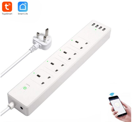 Tuya Smart Wifi Intelligent Power Strip 4 USB AC Plug 13A 1.8M for Alexa Google Home UK Plug