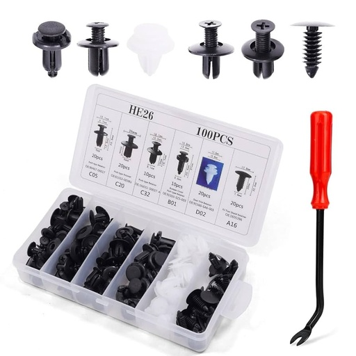 [AE276] 100PCS HE26 Plastic Car Interior Trim Card Panel Fixed Clamp Vehicle Door Bumper Fastener Buckle Universal with Fastener Remover