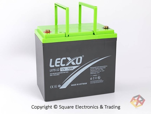 [LX75-12] 12V 75Ah Rechargeable Sealed Lead Acid Battery - Lecxo