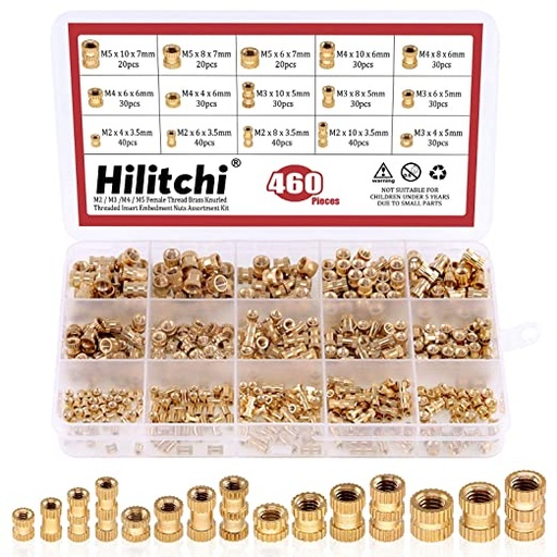 [H460PCS] Hilitchi 460 Pcs M2 M3 M4 M5 Female Thread Brass Knurled Threaded Insert Embedment Nuts Assortment Kit